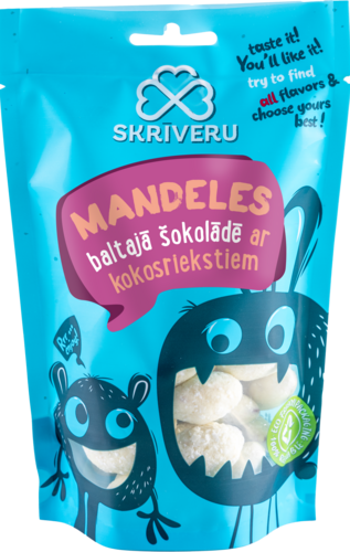 Mandeles baltajā šokolādē ar kokosrieksta skaidiņām, 120 g