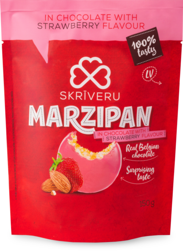 Marzipan in chocolate with strawberry flavour